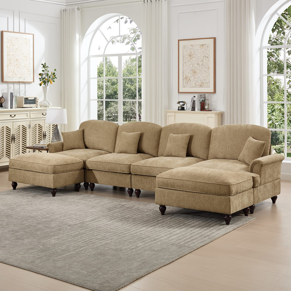Light Coffee Chenille 4 Seat Sectional Sofa Couch for Living Room