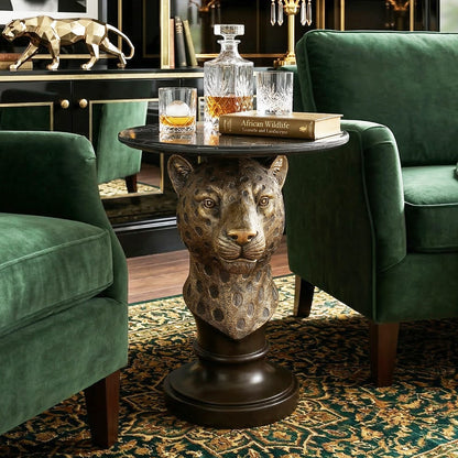 Antique Brown Resin Leopard Head Accent Table