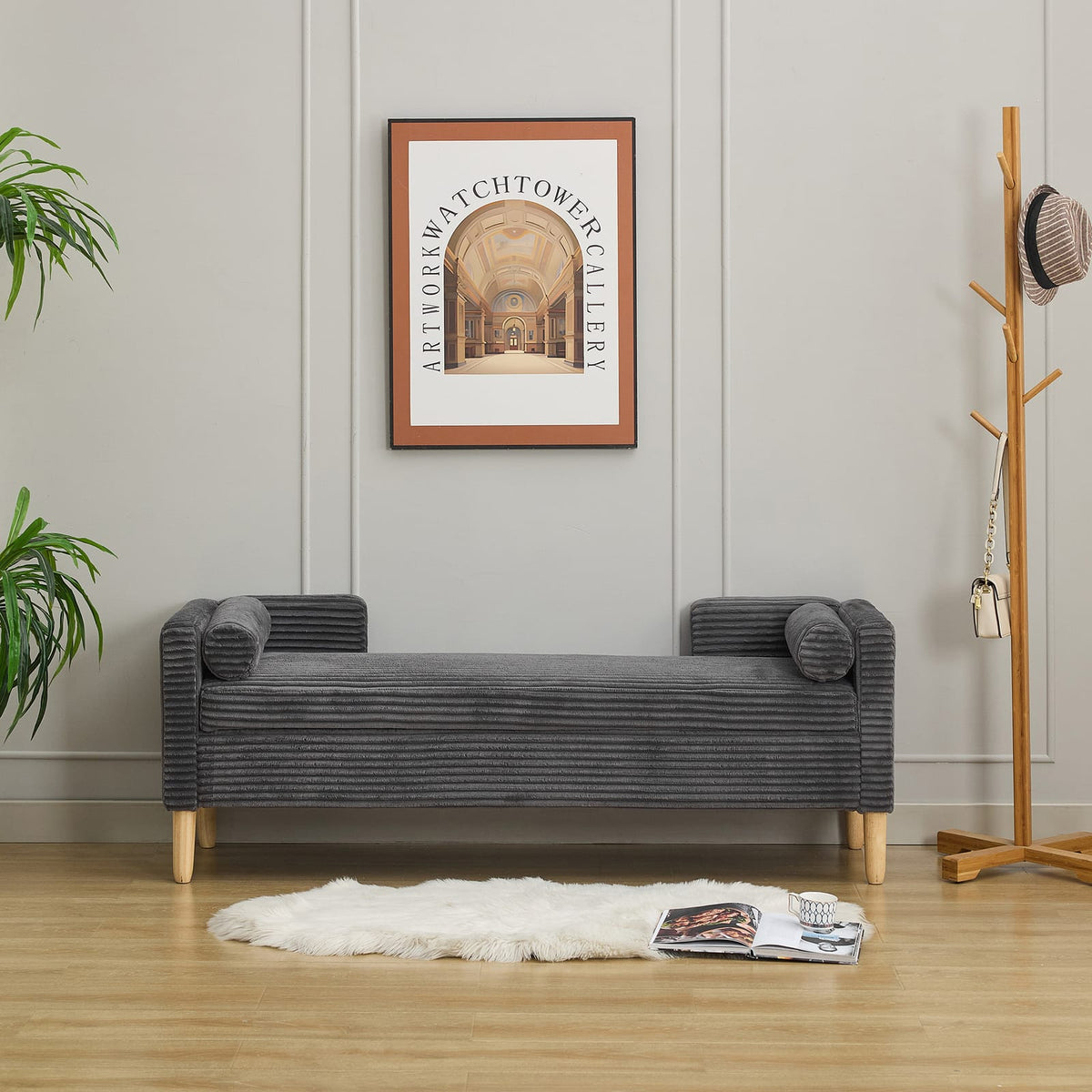 Upholstered Storage Bench - Charcoal Corduroy for Living Room