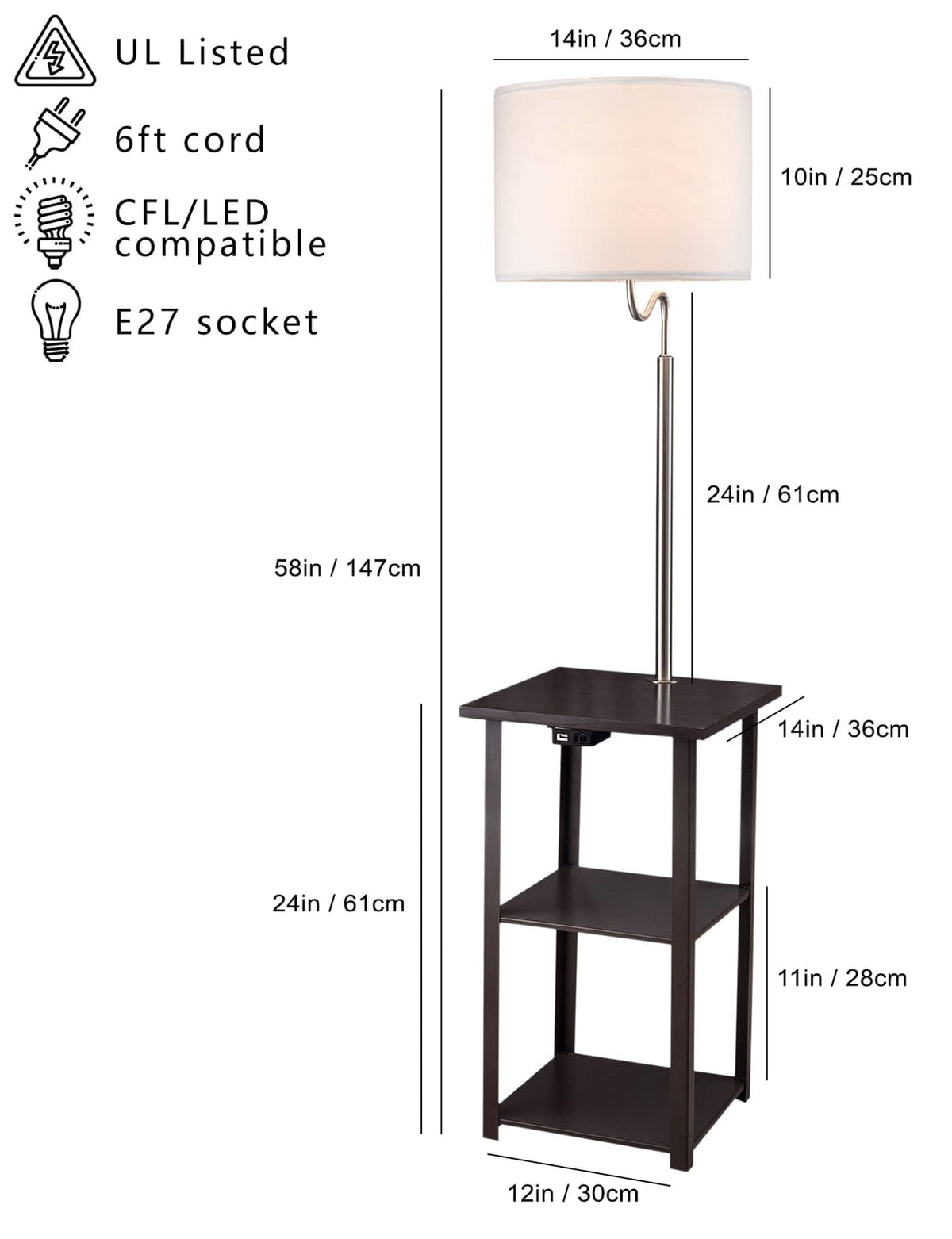 58 Inch Brown Mix Metal Sofa Side Table Lamp