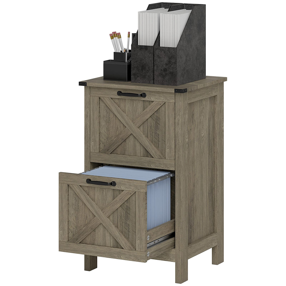 Grey Rustic Farmhouse File Cabinet - 2 Drawers Office Storage