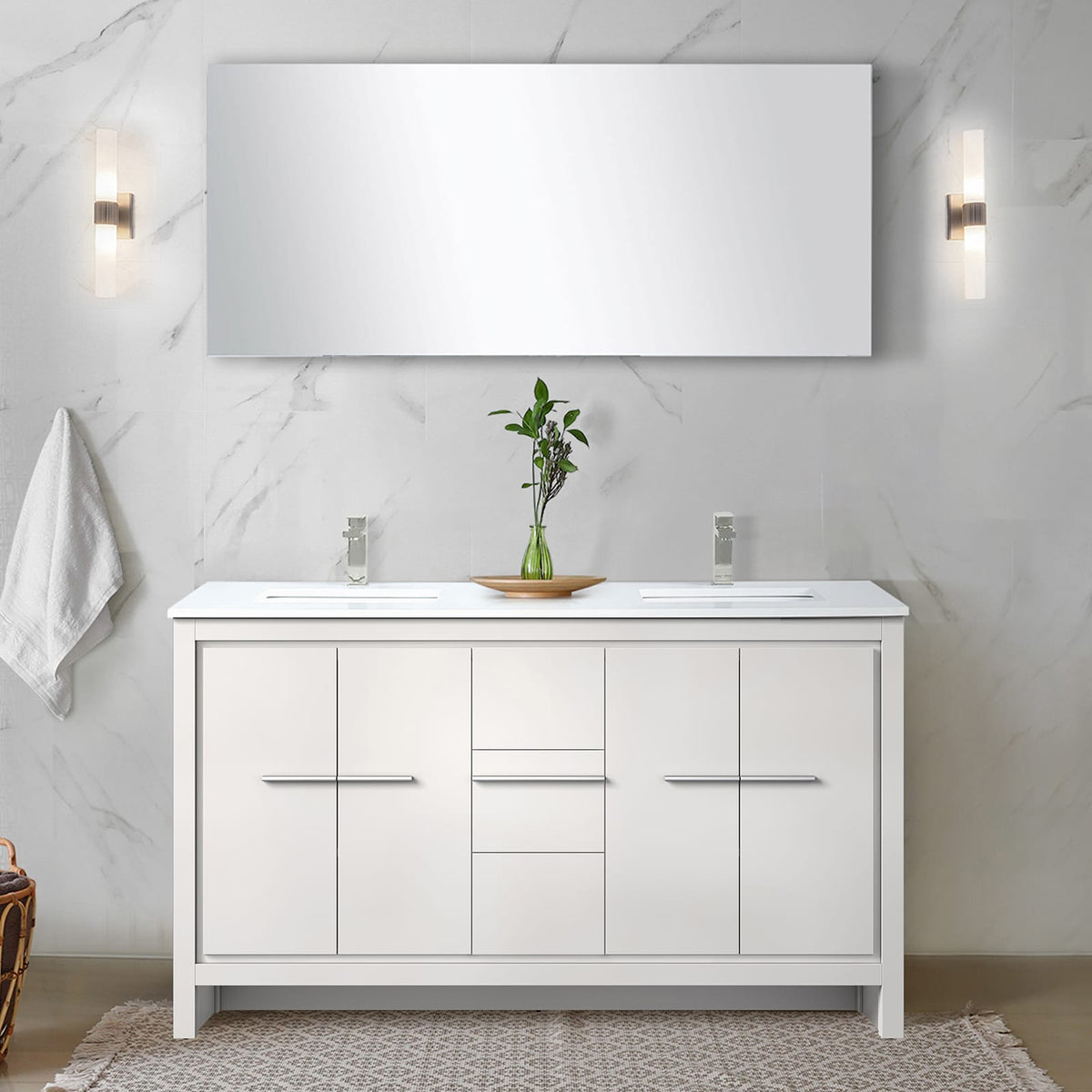 White Bathroom Vanity with Storage 60" Wide