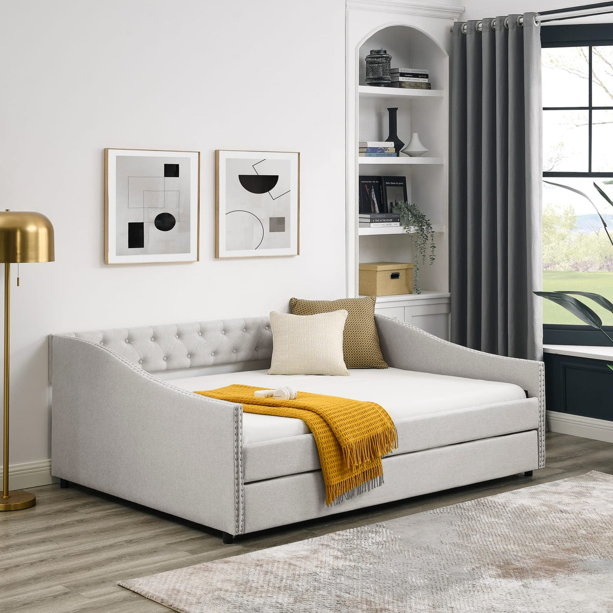 Beige Mid-Century Daybed with Trundle Storage for Comfortable Seating for Living Room