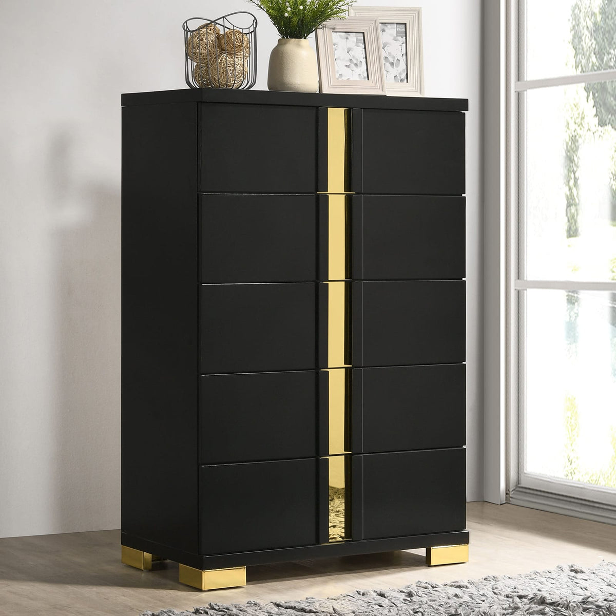 Black Gold Contemporary Bedroom Chest with Metal Legs