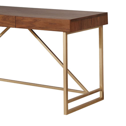 Modern Style Wooden Writing Desk - Walnut Brown & Gold
