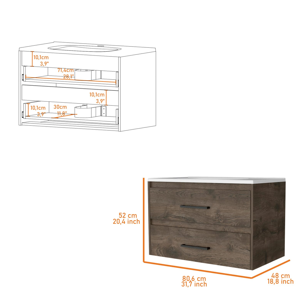 Maine Bathroom Vanity - Wall Mounted, 2 Drawers, Multicolor Particle Board