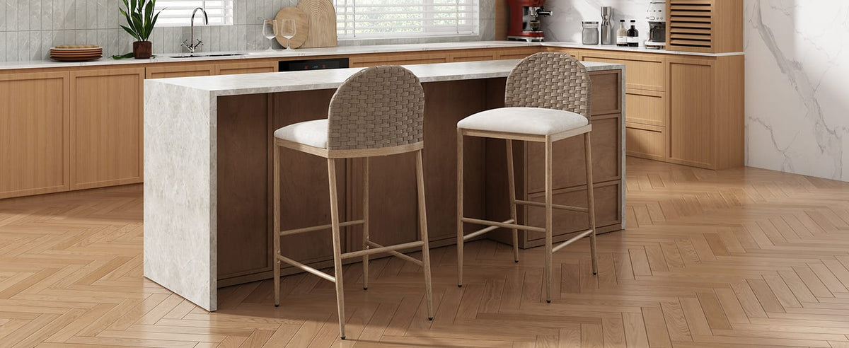 Farmhouse Barstools Set of 2 - Beige & Brown Rattan Counter Stools