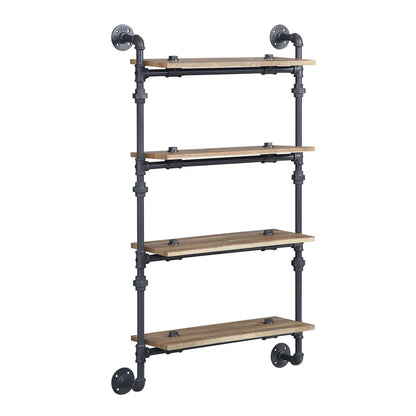 4 Tier Oak Wall Shelf with Metal Frame for Living Room