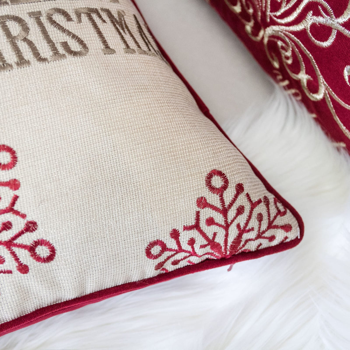 Merry Christmas Embroidered Throw Pillow - 20x20" Red Polyester Holiday Cushion