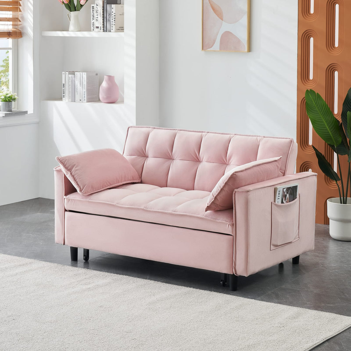 Pink Velvet 2 Seat Sofa Bed - Convertible Sleep Sofa for Living Room