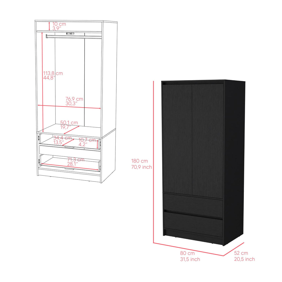 Black Bedroom Dresser with Two Doors - 70.87" Wide