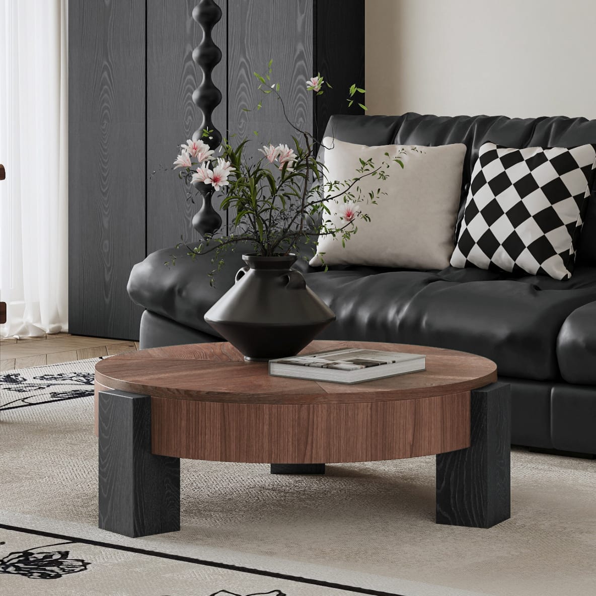 Round Coffee Table with Hidden Storage, Modern Walnut Wood Accent for Living Room
