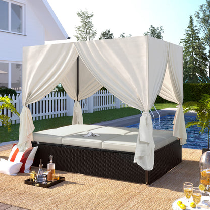 Beige Rattan Patio Daybed with Cushions - Outdoor Chaise Lounge