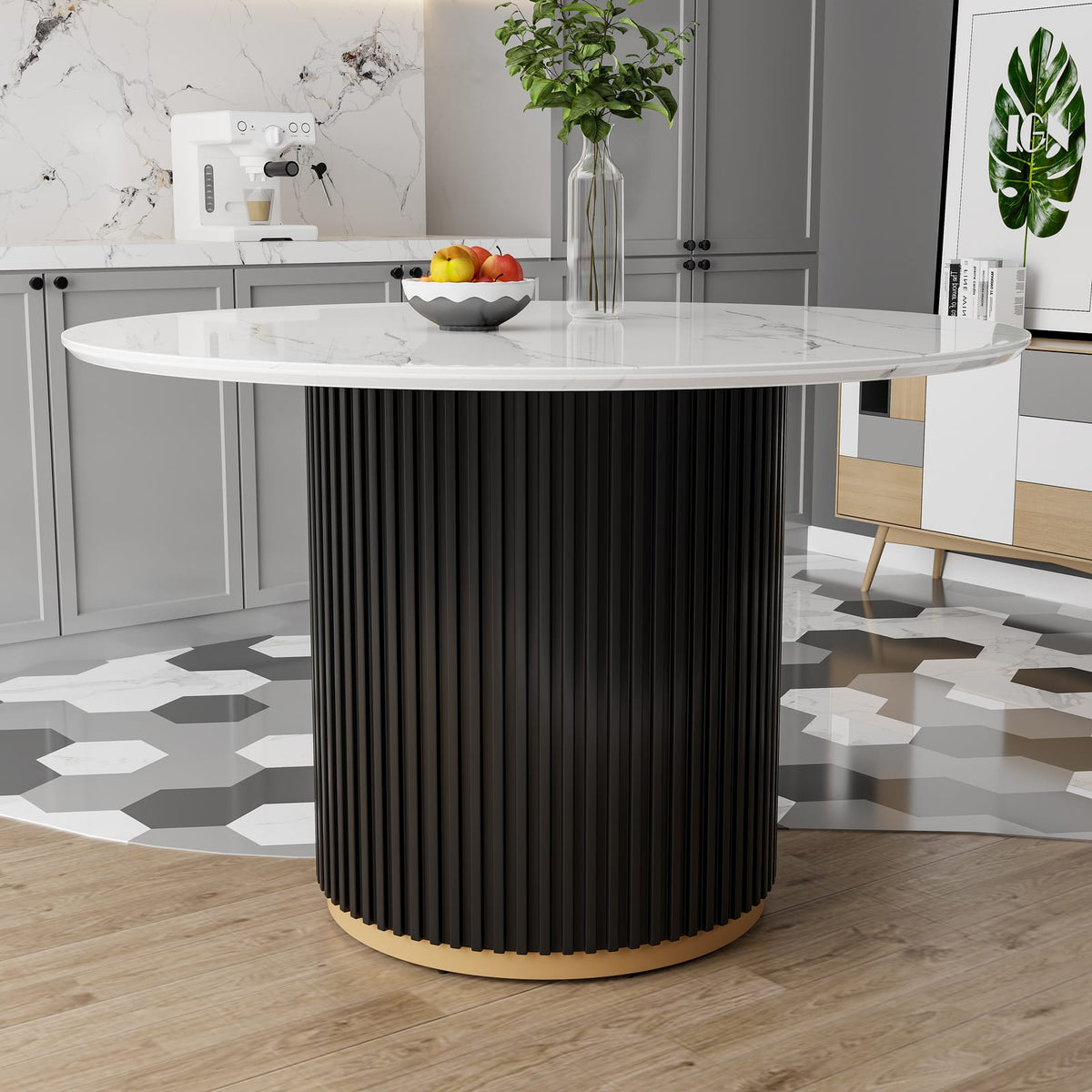 46 Inch Round Faux Marble Dining Table, Black Wave Metal Base - Accommodates 4 People
