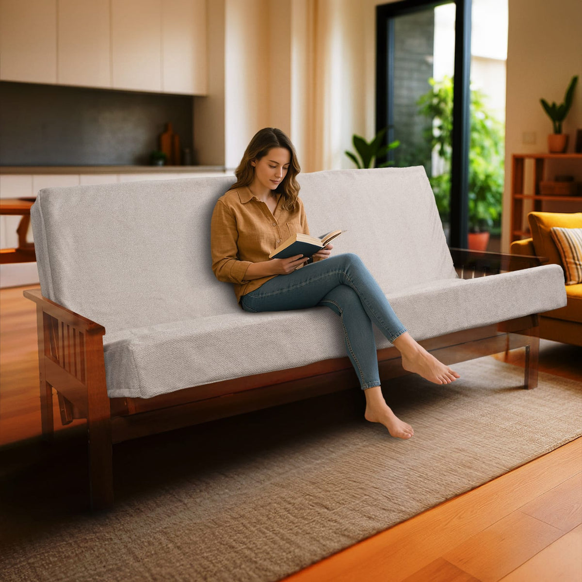 Full XL Memory Foam Futon Mattress - Beige Sofa Bed Cushion for Living Room