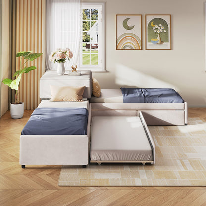 L-Shaped Platform Bed with Trundle - Twin Beige for Bedroom