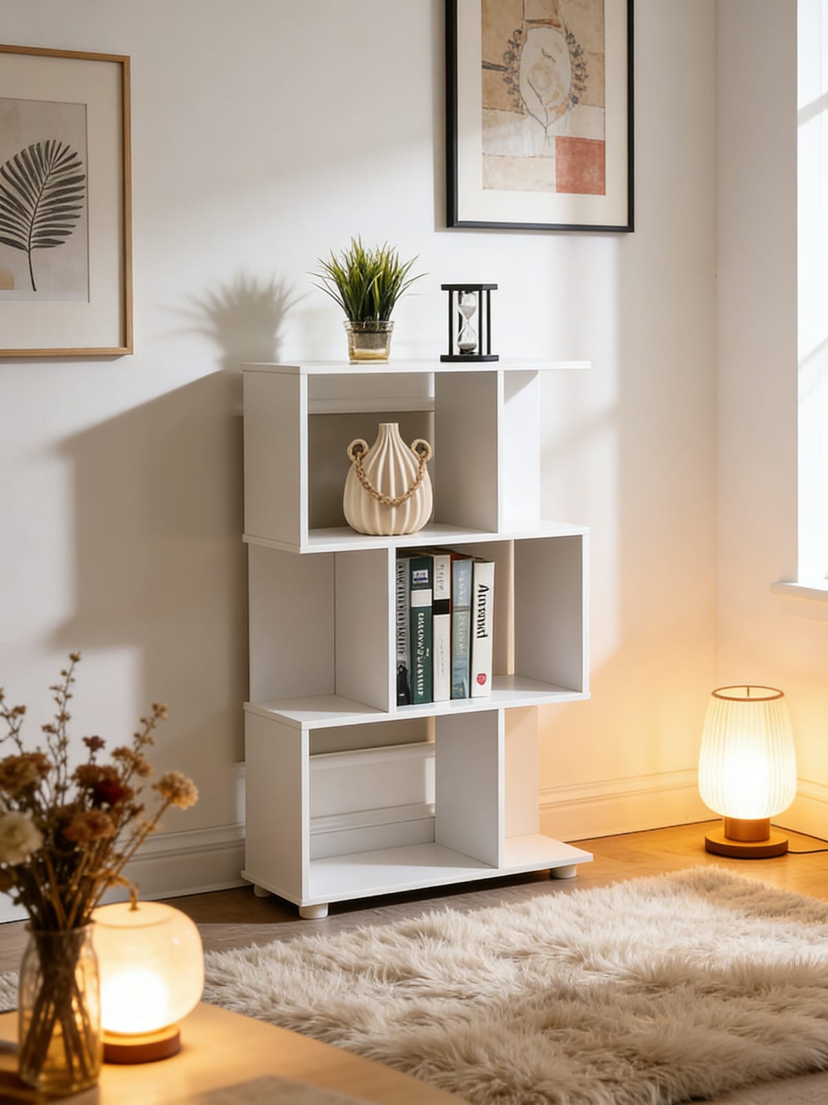 Modern White Staggered 3-Shelf Bookcase - Storage & Display