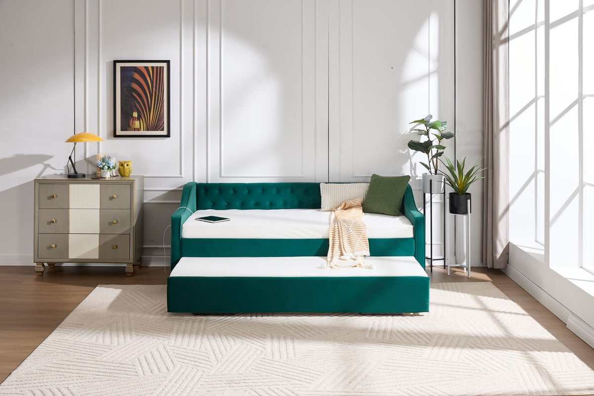 Emerald Velvet Twin Daybed with Trundle - USB Port for Living Room