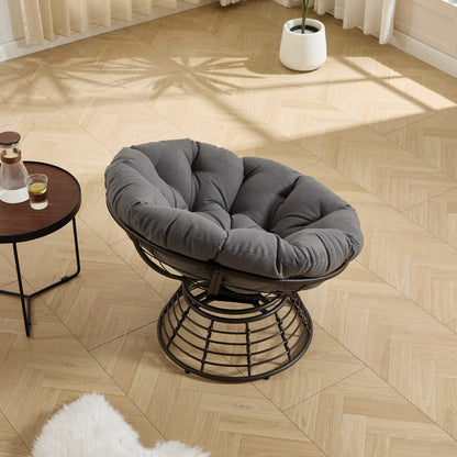 Grey Ergonomic Wicker Papasan Chair - 360° Swivel Indoor Outdoor Rattan Seat