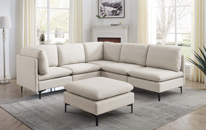 6 Seat Almond Linen Sectional Sofa with Black Metal Legs for Living Room