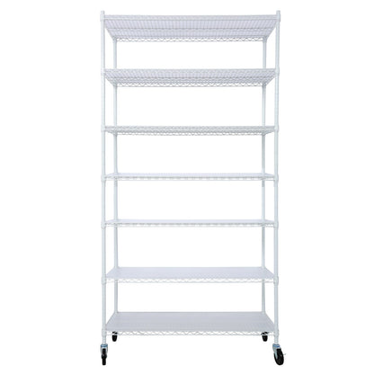 7 Tier Metal Shelf Wire Shelving Unit - Adjustable Storage Rack with Wheels, White