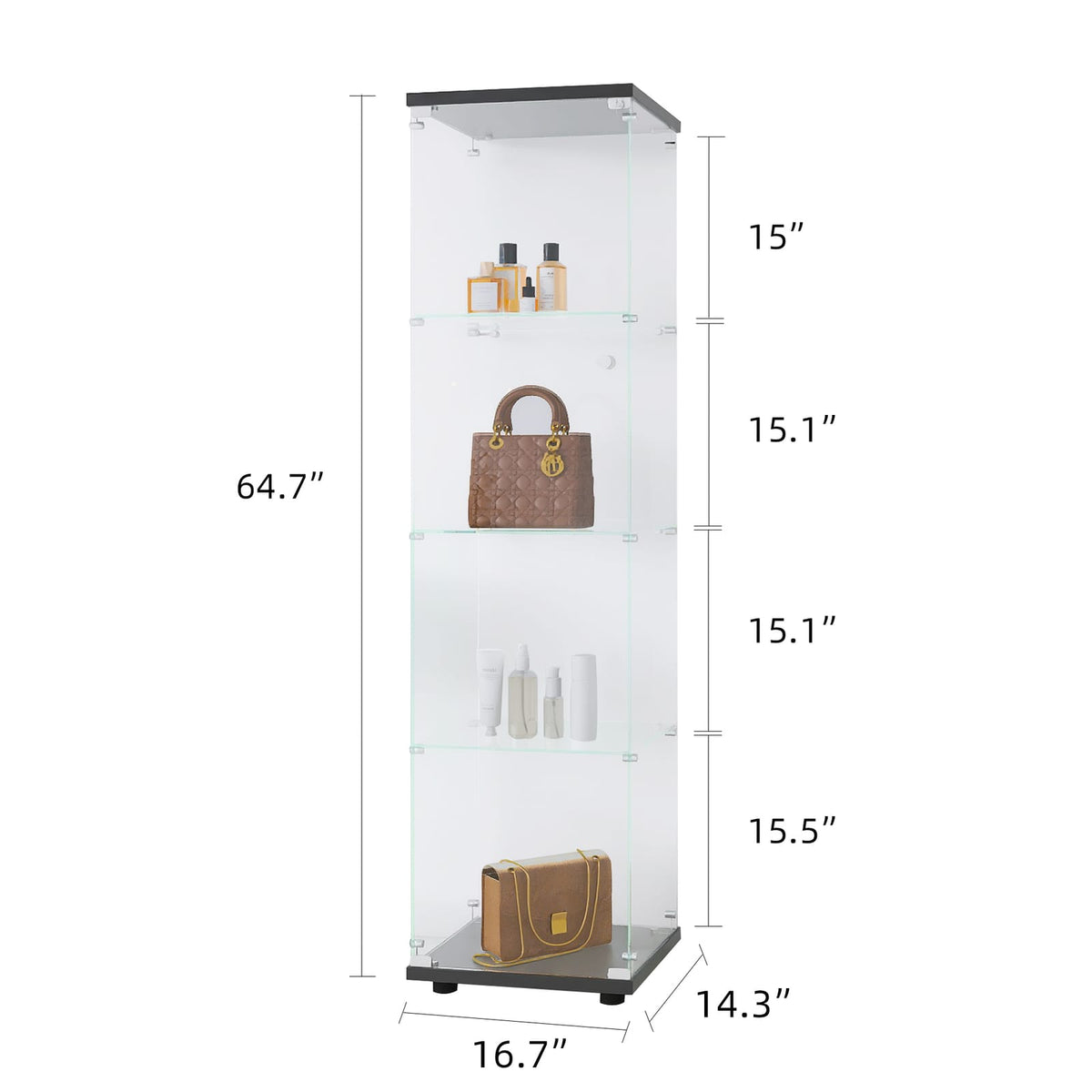 Black Glass Display Cabinet - 4 Shelf Curio Bookshelf