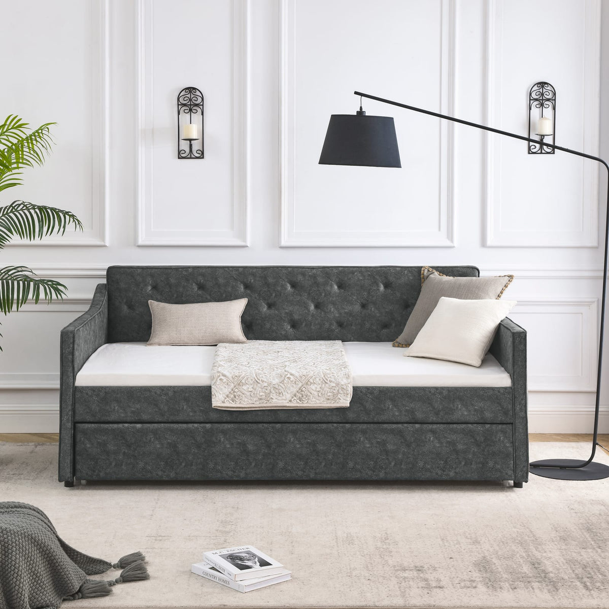 Comfortable Grey Daybed Sofa Bed with Trundle for Guest Storage