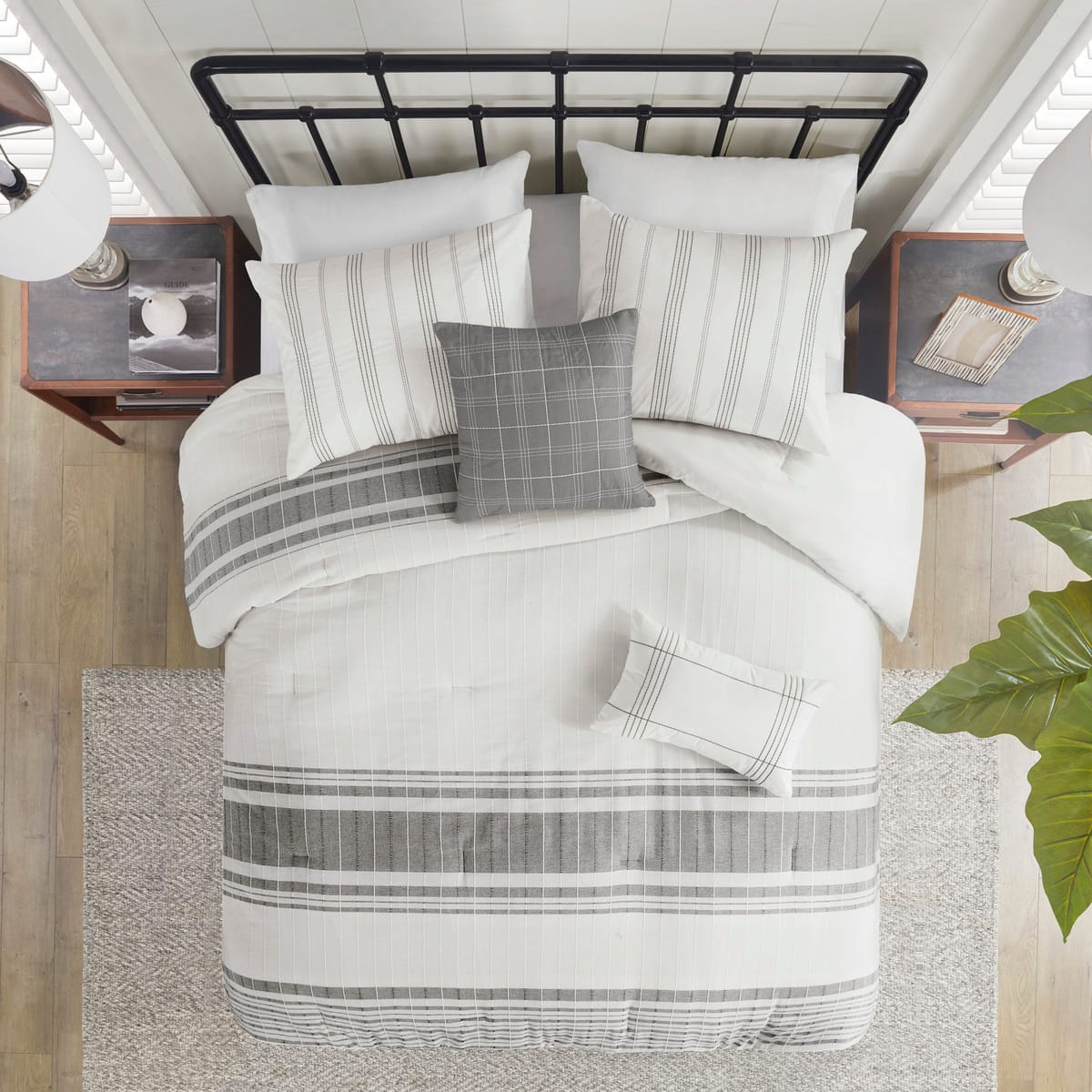 Queen Size Grey White Cotton Comforter Set - 6 Piece