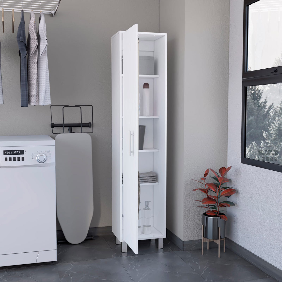 White Storage Cabinet 70.87" Height with Broom Storage