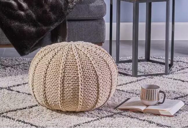 Beige Cotton Knitted Pouf - Relaxing Footrest for Living Room