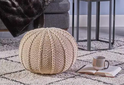 Beige Cotton Knitted Pouf - Relaxing Footrest for Living Room