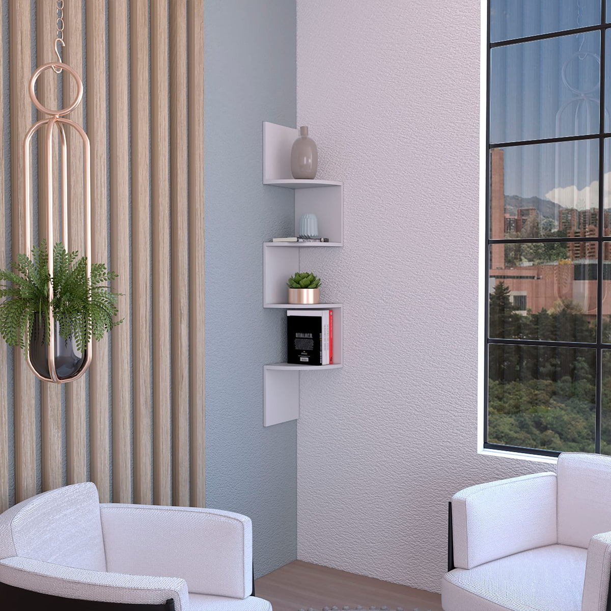 Roy Corner Floating Shelf - White, 4 Tier Display for Living Room