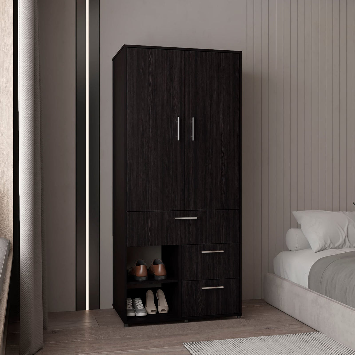 Alpine Armoire - Black: Tall Storage Dresser with Shelves & Hanging Rod