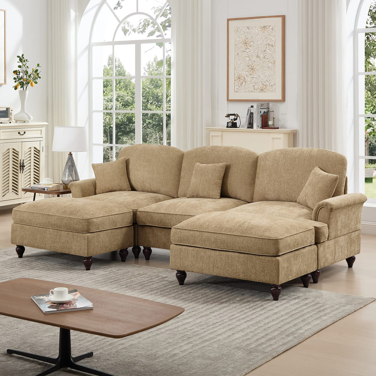 3 Seat Chenille Sectional Sofa - Light Coffee for Living Room