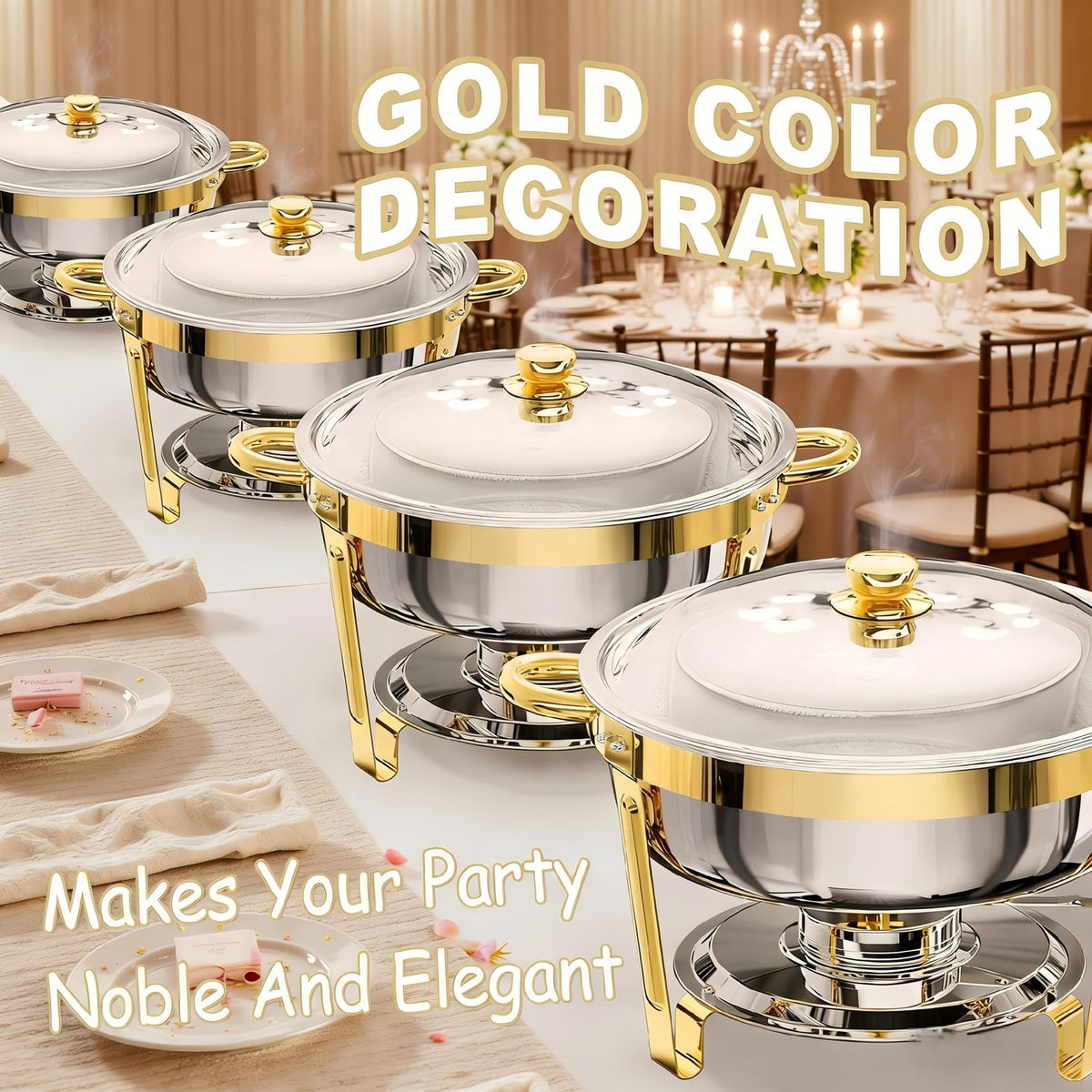 Stainless Steel Round Buffet Dish Set - Golden, Silver