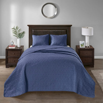 Navy Cotton Reversible Bedspread Set - King Size