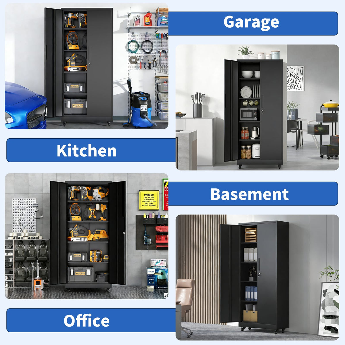 Heavy Duty Rolling Garage Cabinet - 3 Shelves, Black