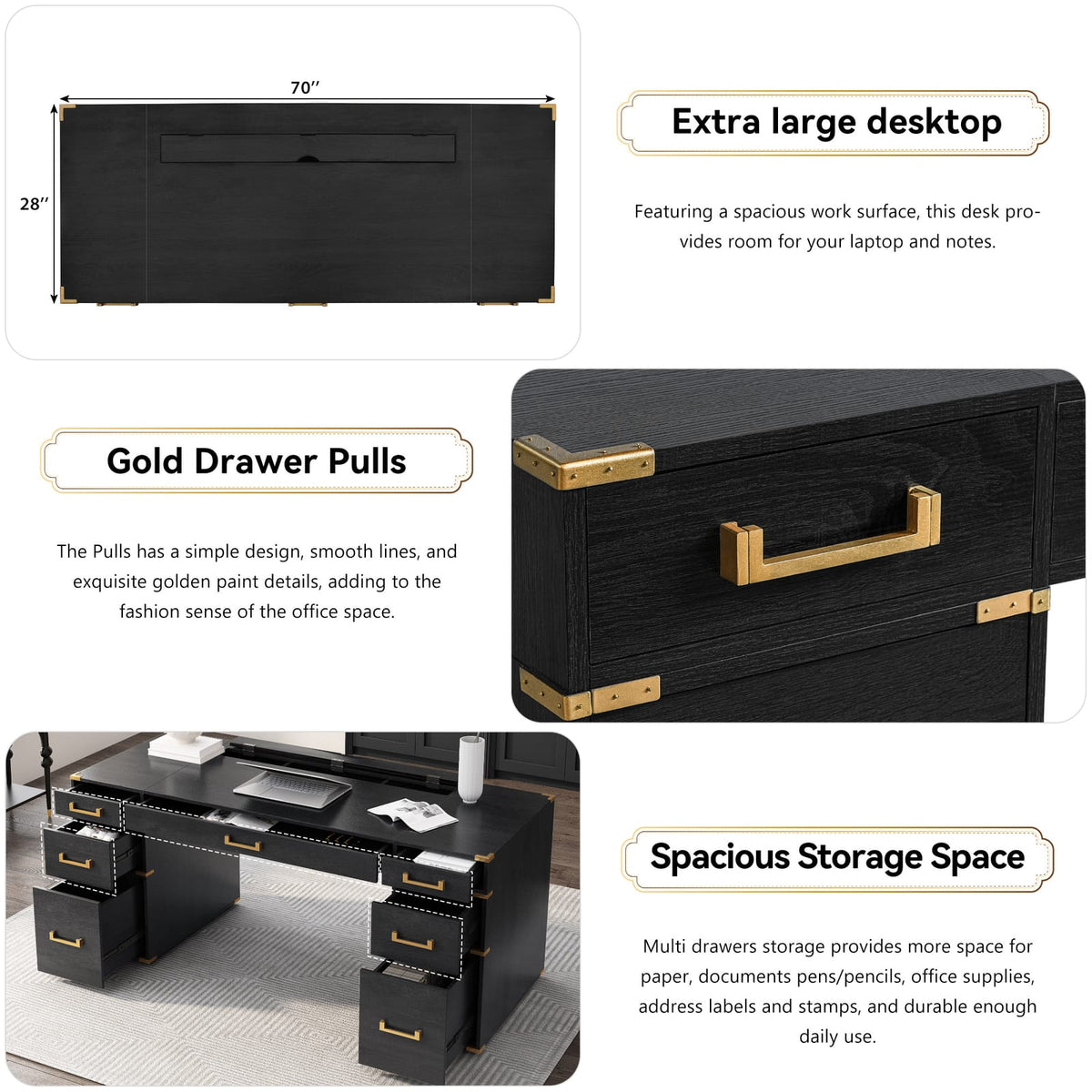 70" Extra-Large Classic Desk - Black+Gold MDF Metal