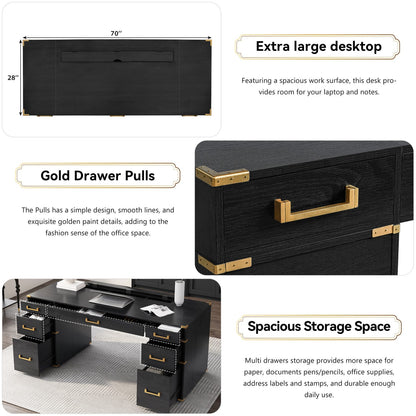 70" Extra-Large Classic Desk - Black+Gold MDF Metal