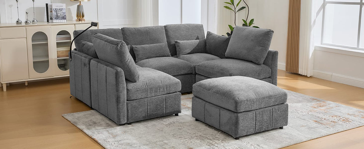 Grey Modular Sectional Sofa - 5 Seat Chenille Sofa Bed