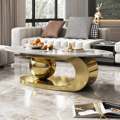 Gold Oval Faux Marble Coffee Table - Modern Living Room Style