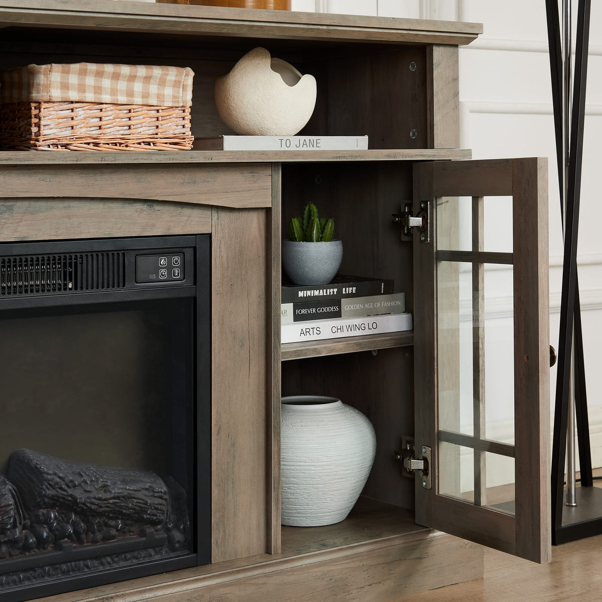Grey Wash TV Stand with Fireplace - 65" TV Storage for Living Room