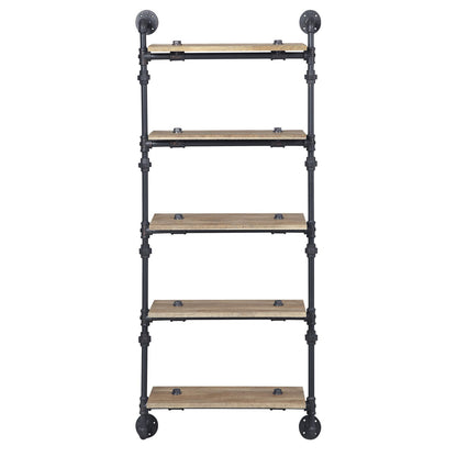 5-Tier Oak Metal Wall Shelves - Natural Black for Living Room