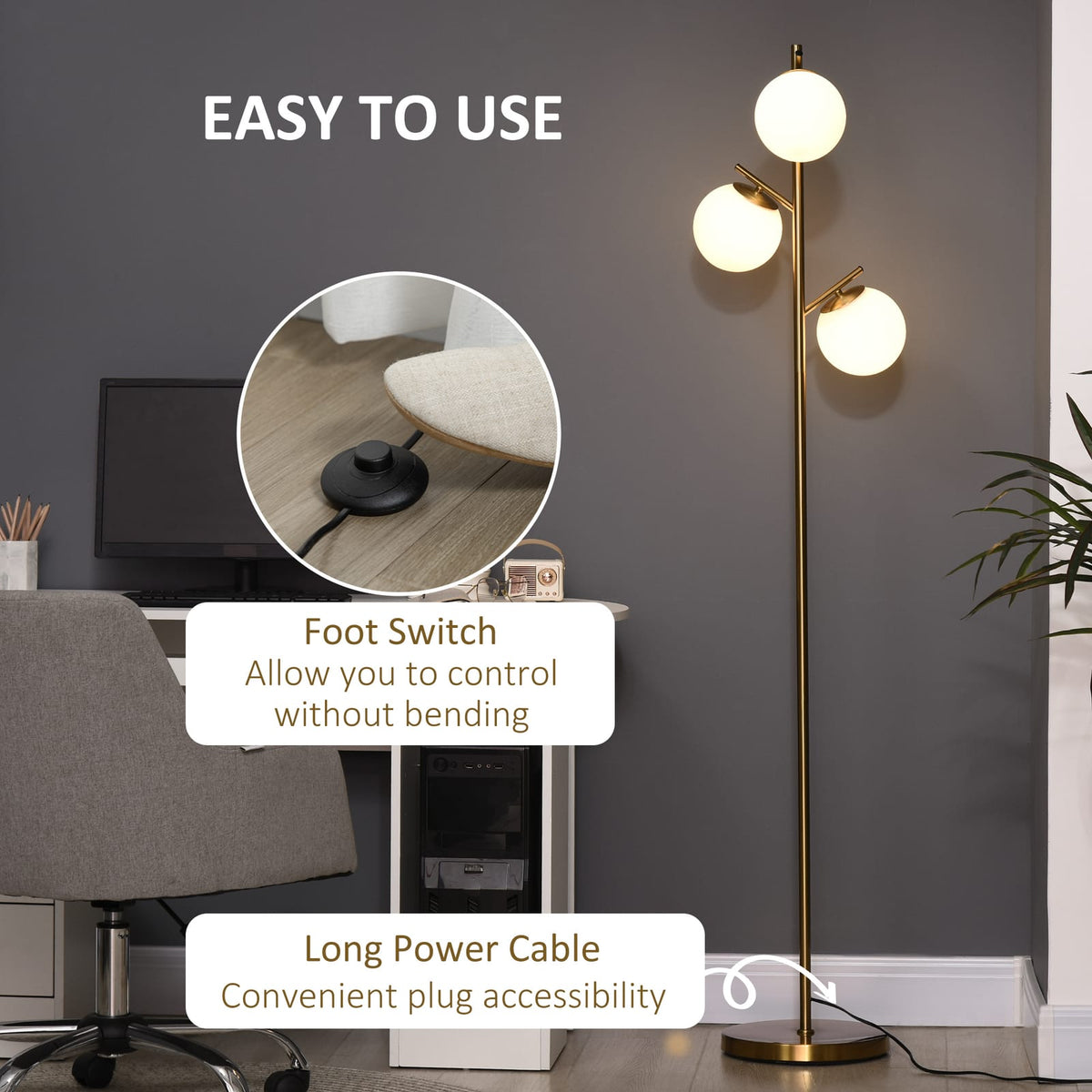 Gold Modern Tree Lamp - 3-Light Floor Lamp for Living Room & Bedroom