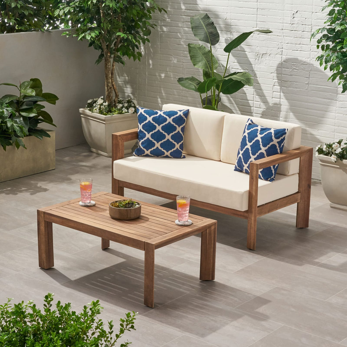 Beige Brown Acacia Wood Loveseat & Coffee Table Patio Set