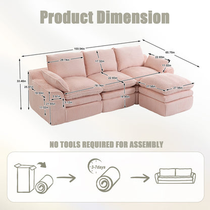 Pink Corduroy 3-Seat Sectional Sofa - Plush Comfort for Living Room