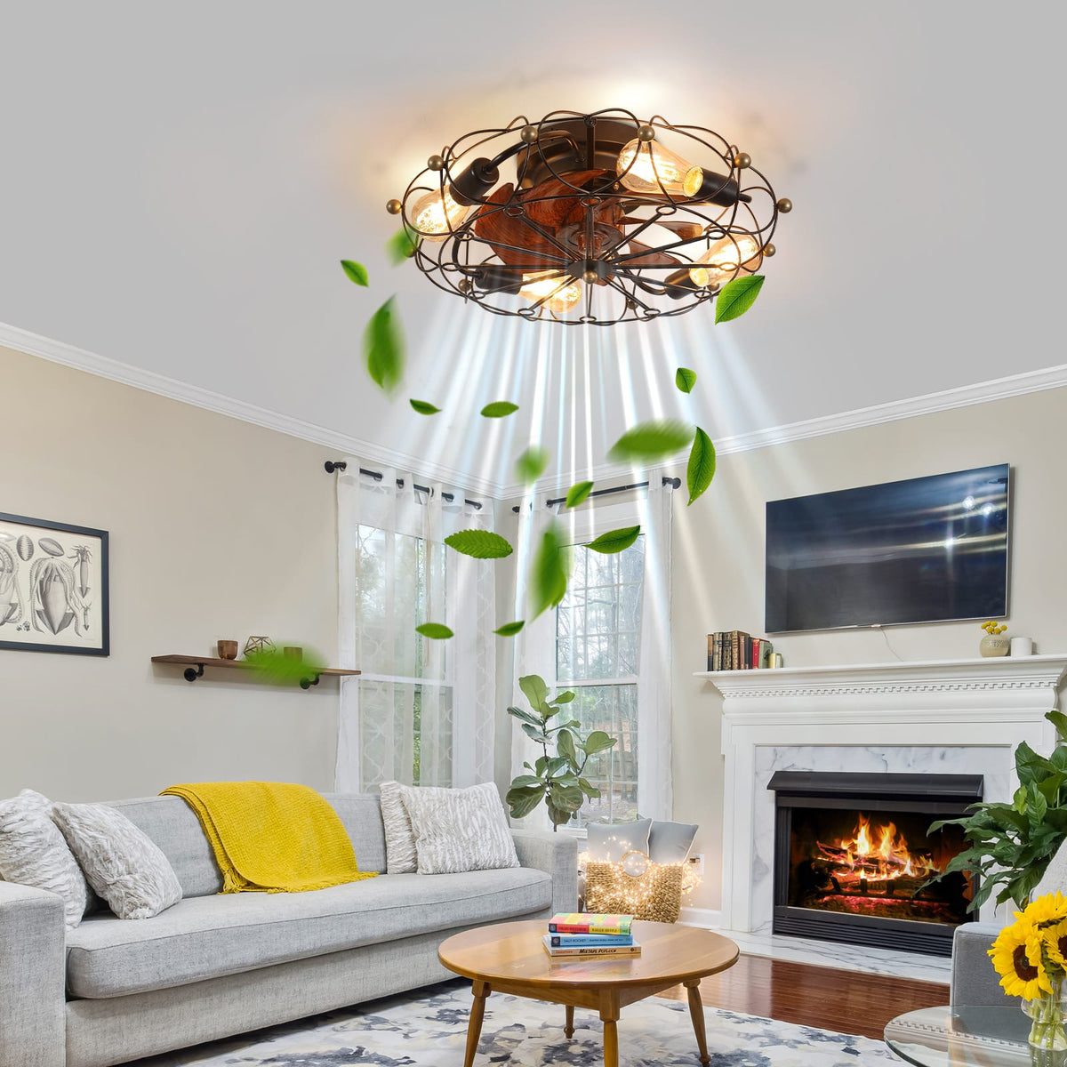 Low Profile Caged Ceiling Fan with Lights - Black Iron