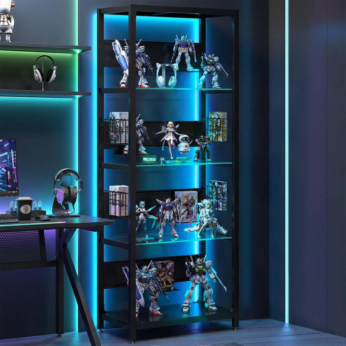 4-Tier Glass Display Shelf - RGB Lights & Storage