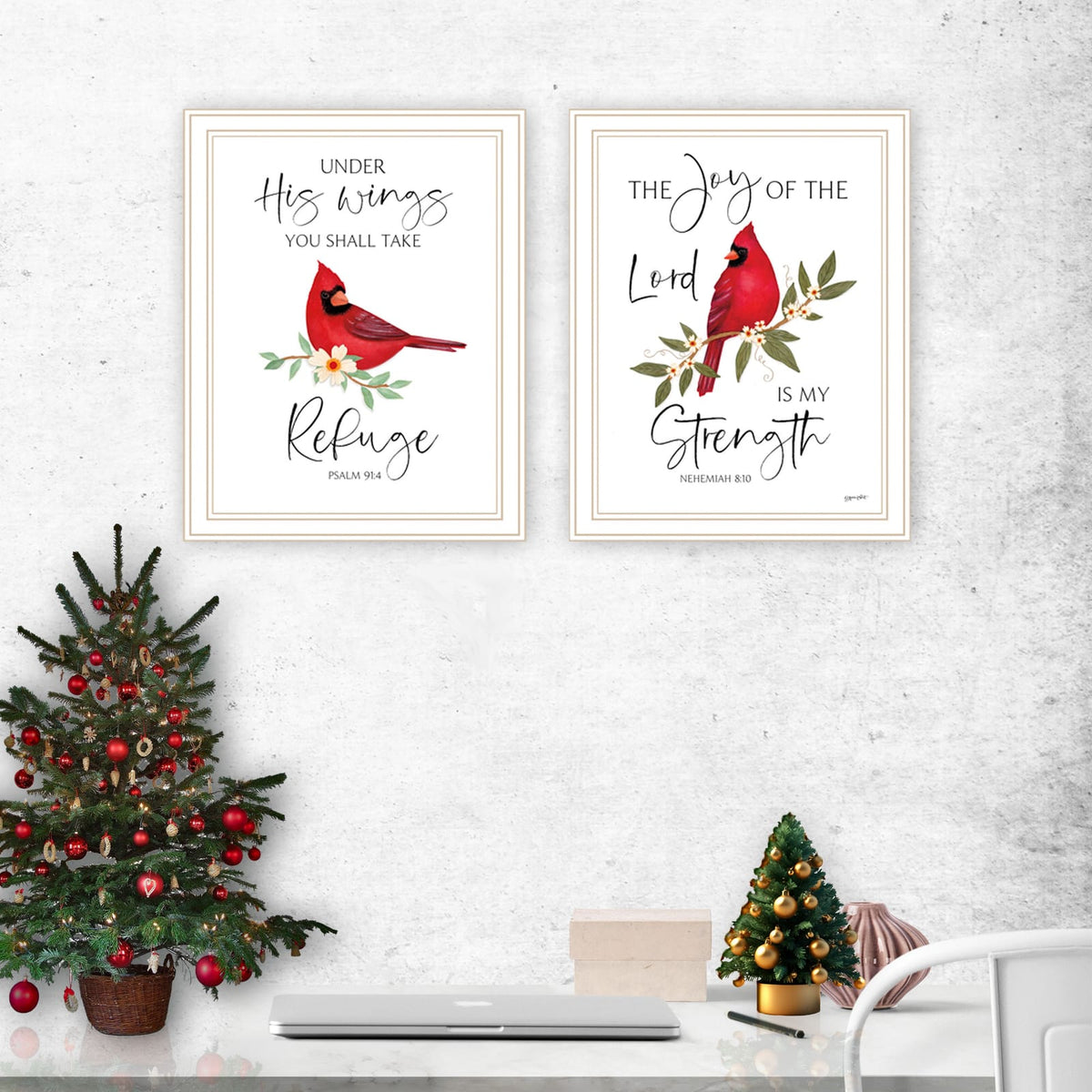 Wood & Paper Framed Wall Art - Cardinals Red White Bedroom Decor