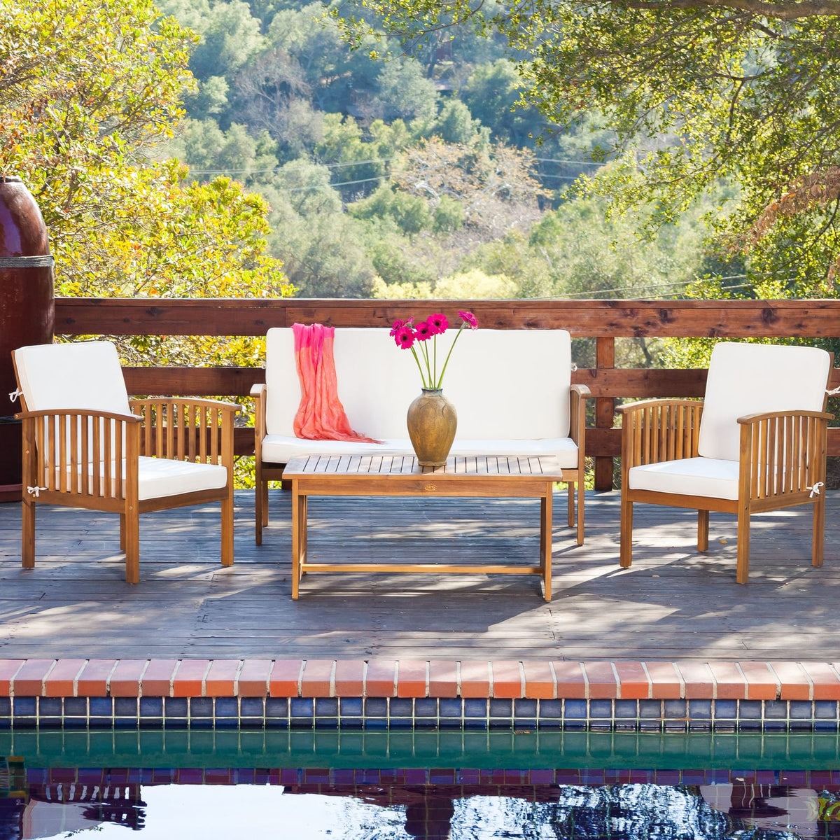 Brown Acacia Wood Patio Loveseat & Chair Set